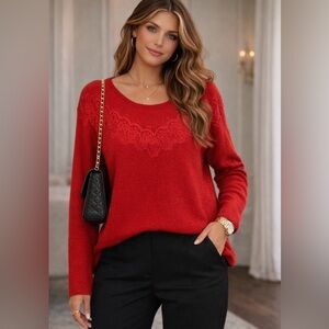 New ELLE Women Red Long Sleeve Lace Cable Knit Large Sweater Oversized Relaxed